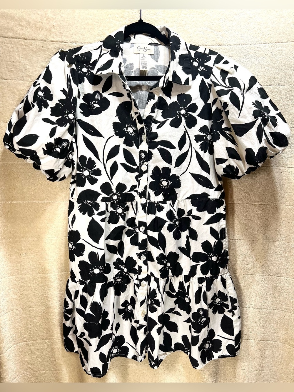 Jessica Simpson Black & White Floral Cotton Puff Sleeve Tiered Mini Dress L